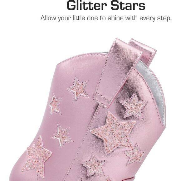 Girls Pink Cowgirl Mid Calf Glitter Western Boots Toddler Star Riding Shoes - Picture 2 of 6